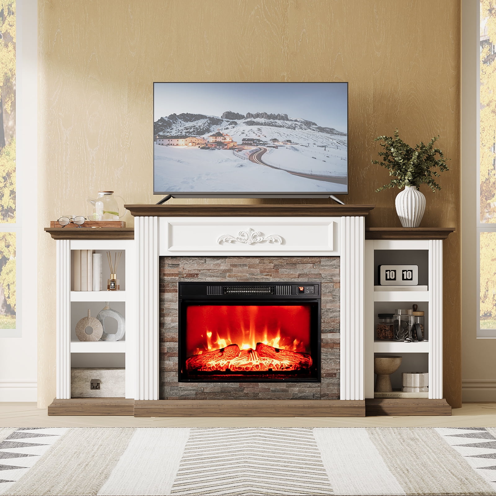 72" Electric Fireplace with Mantel, Stacked Stone Surround with 23 ...