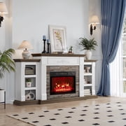 72 Electric Fireplace with Mantel, Stacked Stone Surround with 23 Fireplace Insert, Adjustable Flame, White Brown