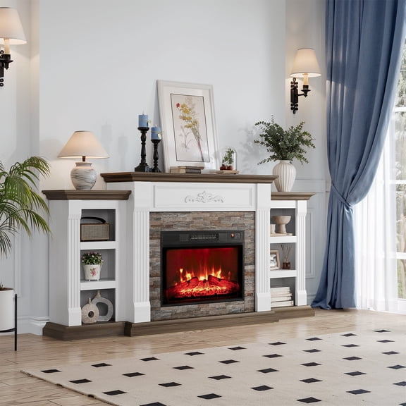 72" Electric Fireplace with Mantel, Stacked Stone Surround with 23" Fireplace Insert, Adjustable Flame, White Brown