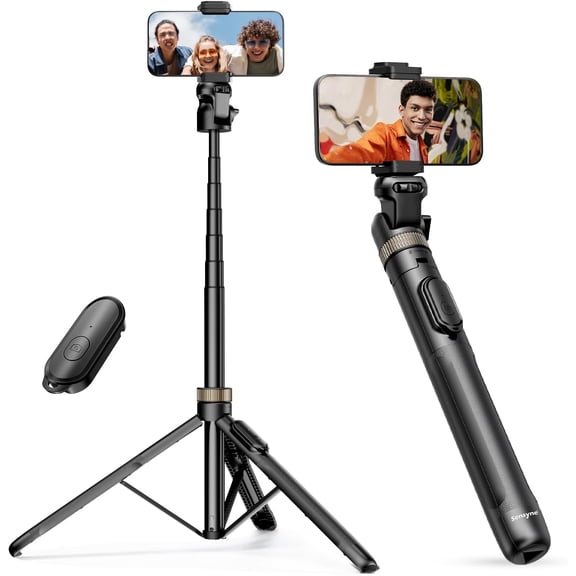 72" Extendable Tripod for iPhone & Selfie Stick with Detachable Phone Holder & Wireless Remote, Compatible with All Cell Phones, Black