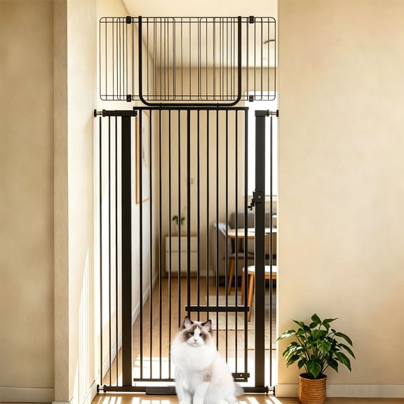 72" Extra Tall Cat Gate, Fits 29.5-37.4" Wide Openings, with Cat Door, Pressure Mounted Pet Gate for Stairs, Doorways, Kitchen, Black
