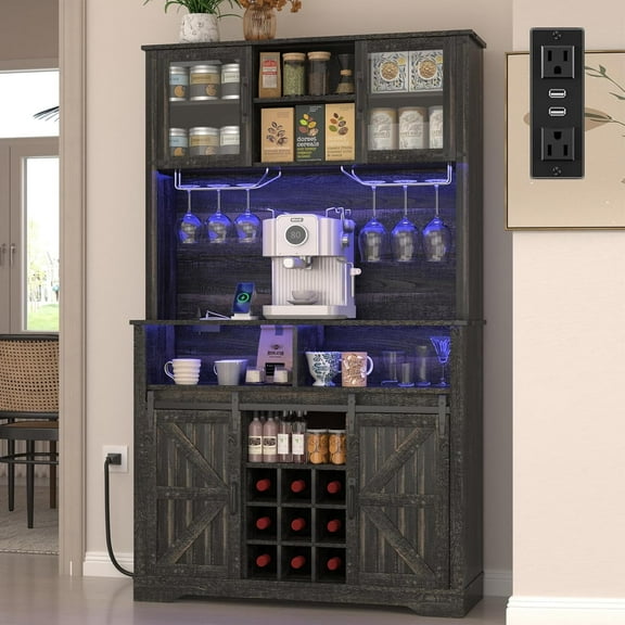 72" Farmhosue Coffee Bar Cabinet with Storage, Tall Kitchen Buffet with Hutch & Wine & Glasses Rack, Sliding Barn Door, Charging Station, RGB Lighting, 12 Storage Shelves, Sideboard Table
