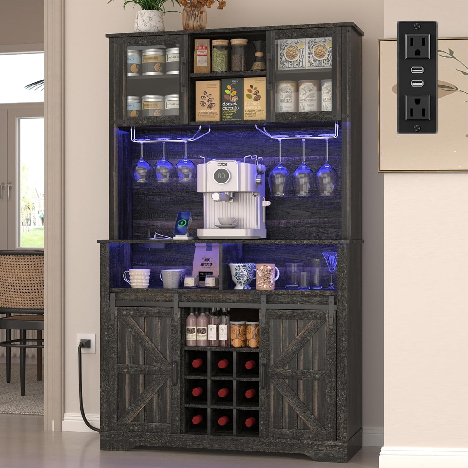 72" Farmhosue Coffee Bar Cabinet with Storage, Tall Kitchen Buffet with ...