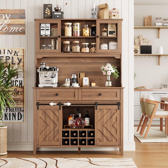 72" Farmhouse Bar Cabinet with Sliding Barn Door and Hutch - Large Buffet with Wine Storage, Coffee Bar, Charging Station, 2 Drawers, 8 Shelves, LED Lighting - Dining Room Furniture, Walnut