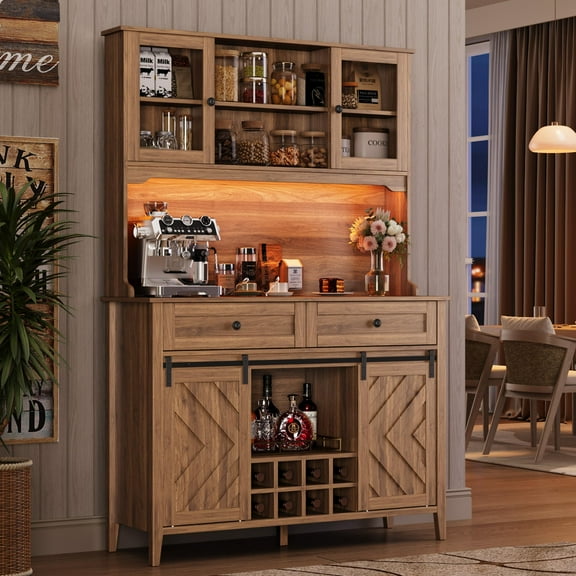 72" Farmhouse Bar Cabinet with Sliding Barn Door – Large Buffet Hutch with Charging Station, 2 Drawers, 8 Shelves, Wine Storage & LED Lights – Rustic Coffee Bar for Dining Room & Kitchen