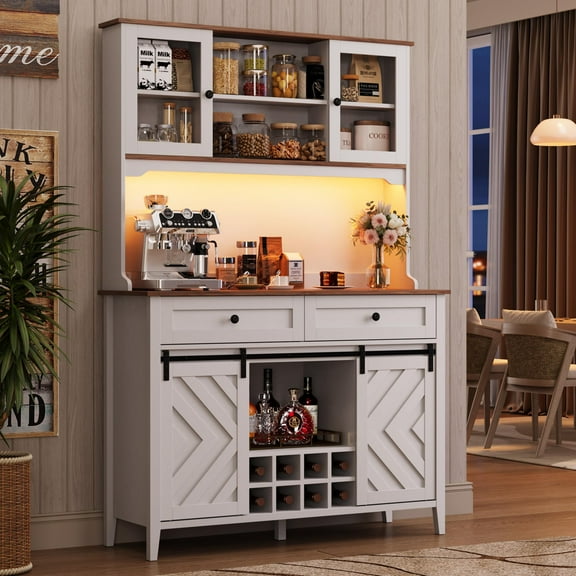 72" Farmhouse Bar Cabinet with Sliding Barn Door – Large Buffet Hutch with Charging Station, 2 Drawers, 8 Shelves, Wine Storage & LED Lights – Rustic Coffee Bar for Dining Room & Kitchen