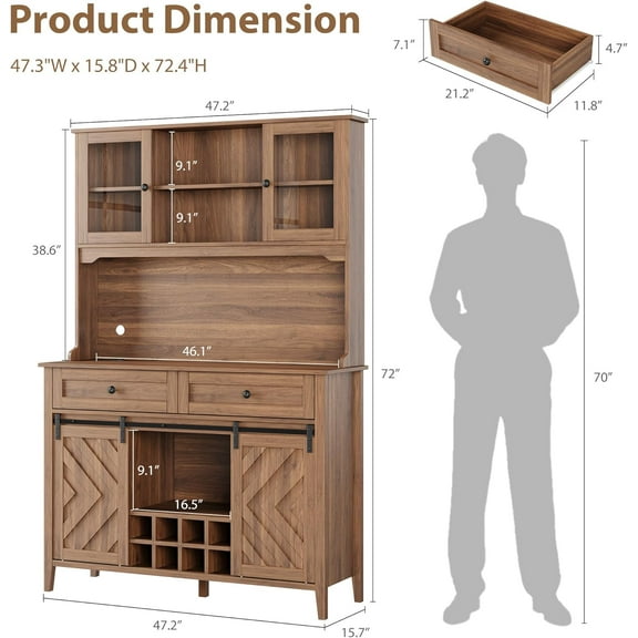 72" Farmhouse Bar Cabinet with Sliding Barn Door, featuring a Hutch, Charging Station, 2 Drawers, 8 Shelves, and LED Lighting.