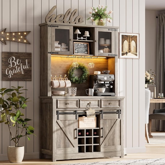72" Farmhouse Coffee Bar Cabinet with Sliding Barn Door, LED Lights & Power Outlets, Tall Kitchen Buffet Hutch with 3 Drawers & Wine Glass Rack, Ample Storage for Home Bar, Gray