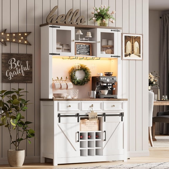 72" Farmhouse Coffee Bar Cabinet with Sliding Barn Door, LED Lights & Power Outlets, Tall Kitchen Buffet Hutch with 3 Drawers & Wine Glass Rack, Ample Storage for Home Bar, White