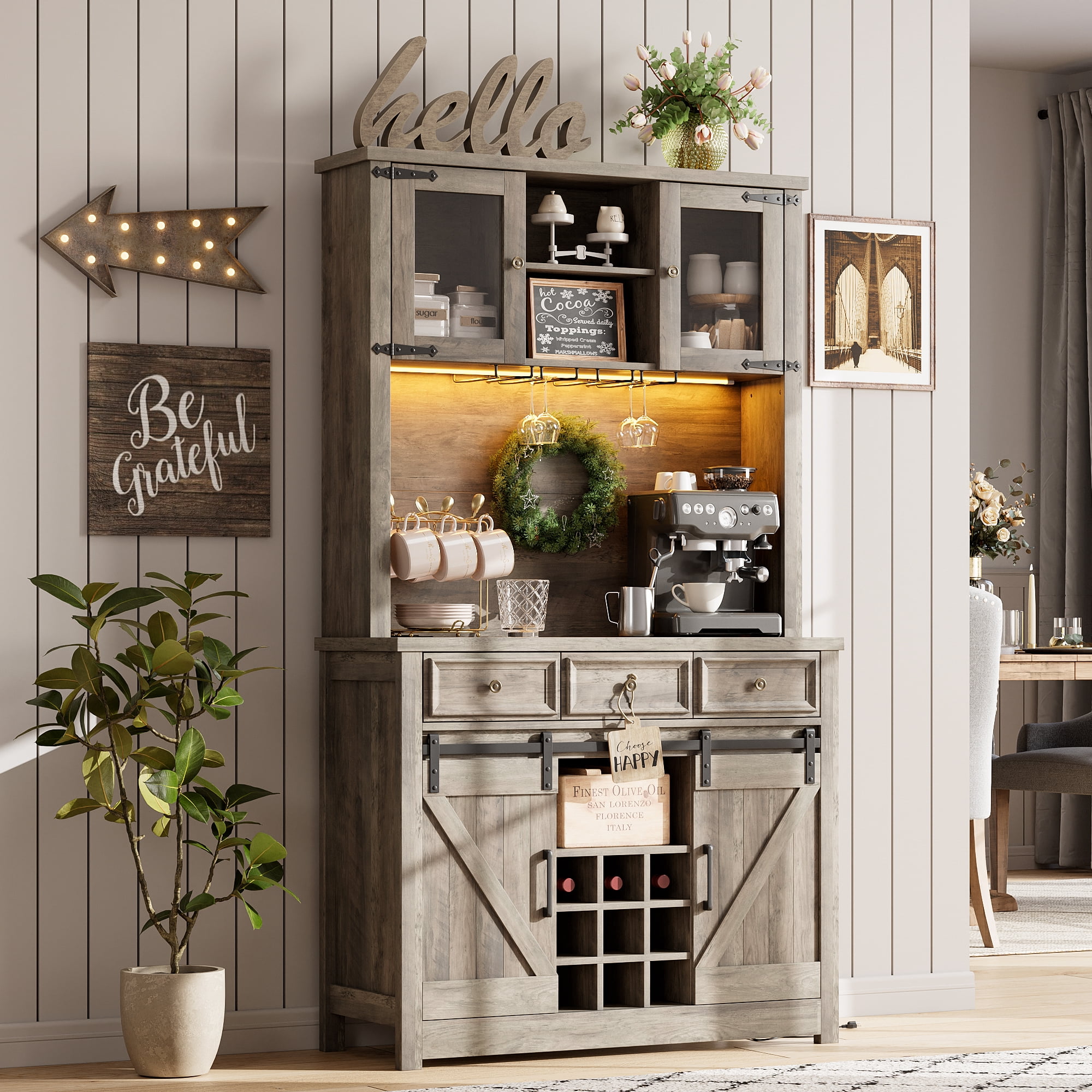 72" Farmhouse Coffee Bar Cabinet, Tall Kitchen Buffet with LED Lights ...