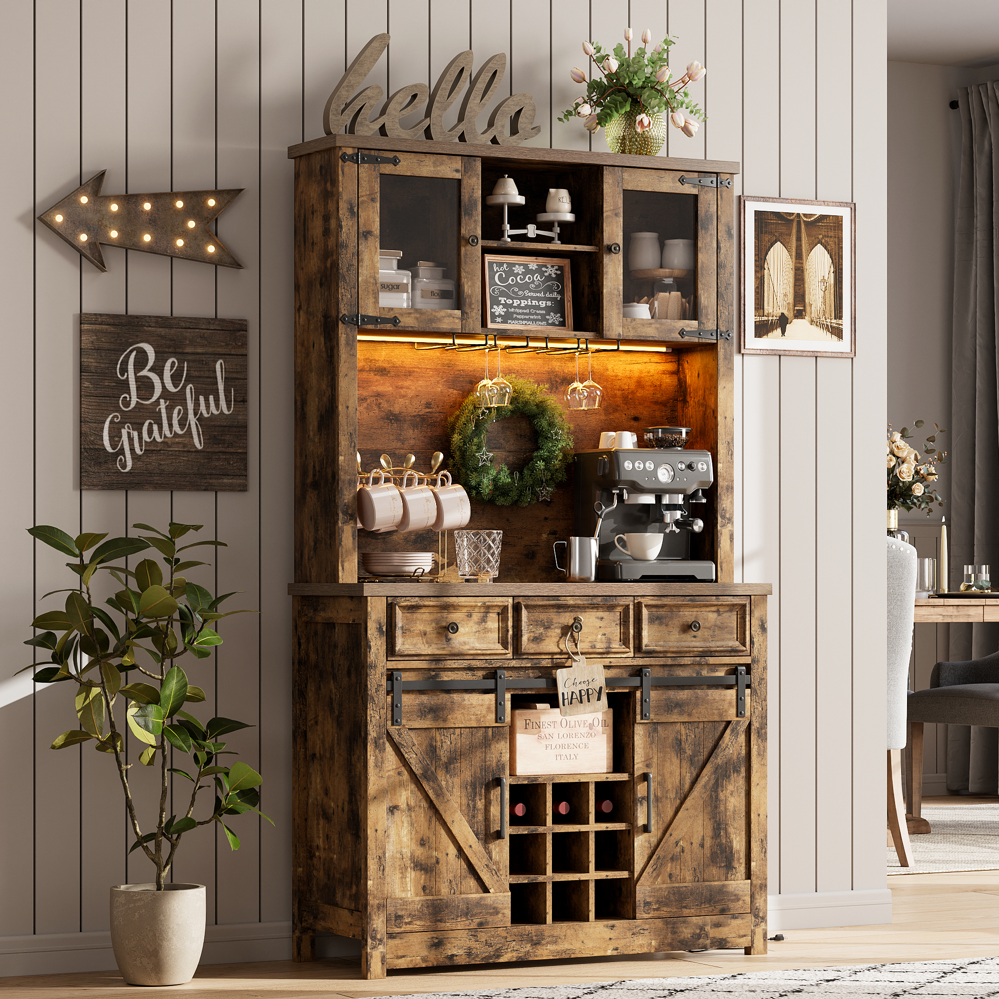 72" Farmhouse Coffee Bar Cabinet, Tall Kitchen Buffet with LED Lights ...