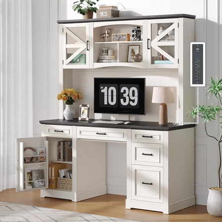 72" Farmhouse Executive Desk with Hutch, Computer Workstation, 5 Drawers, Storage, Off White & Walnut