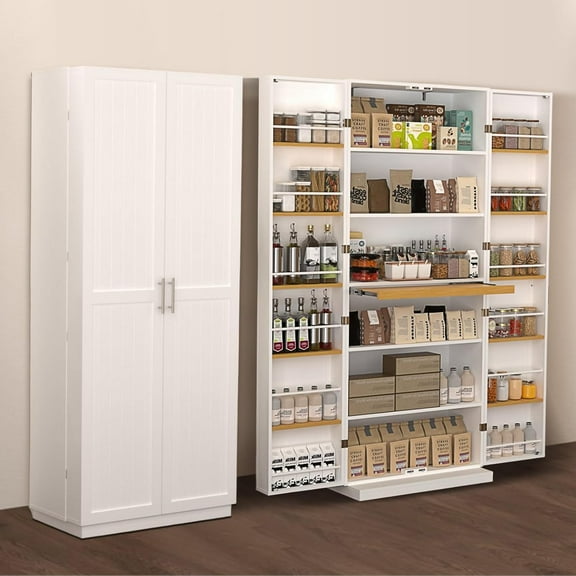 72" Farmhouse Kitchen Pantry Cabinet with Adjustable & Pull Out Shelves,Wood Cupboard Storage Cabine Freestanding Pantry Cabinet with 12 Door Shelves for Dinning Room,Kitchen,Bathroom