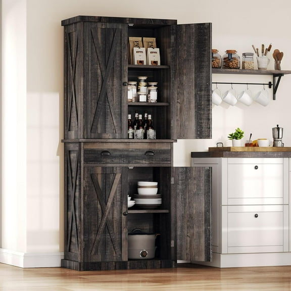 72'' Farmhouse Kitchen Pantry, Rustic Wood Kitchen Storage Cabinets with Adjustable Shelves & Drawer, Tall Freestanding Cupboard for Dining Room, Living Room, Dark Gray