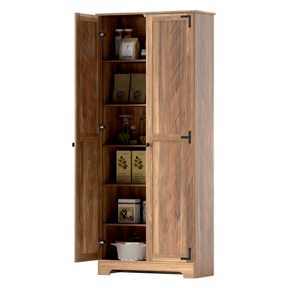72" Farmhouse Pantry Cabinet, Freestanding Kitchen Storage with Adjustable Shelves, Brown
