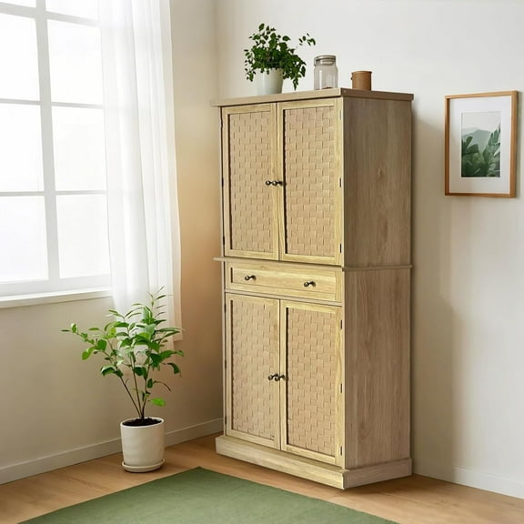 72" Farmhouse Pantry Cabinet, Freestanding Woven Strips Kitchen Pantry Storage Cabinet with Adjustable Shelves, Tall Storage Cupboard with Drawers,29.92x15.75x72.04Inch
