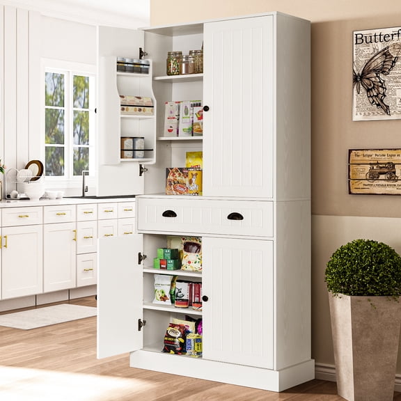 72" Farmhouse Tall Pantry Cabinet, Freestanding Kitchen Storage Cabinet with Drawer, Adjustable Shelves & Soft-Close Doors, White