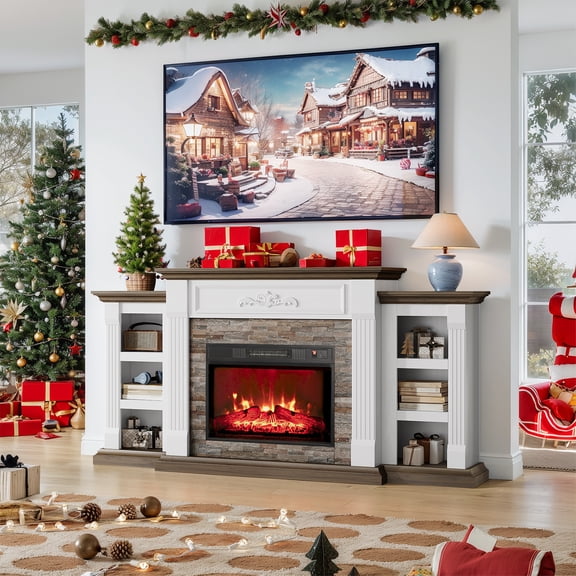 72" Fireplace TV Stand with 23'' Electric Fireplace and BookshelvesWooden Storage Freestanding Heater with Remote Control for TVs up to 80"White & Brown