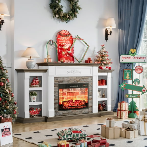 72" Fireplace TV Stand with 23'' Red Brick Electric Fireplace and BookshelvesWooden Storage Freestanding Heater with Remote Control for TVs up to 80"White & Brown