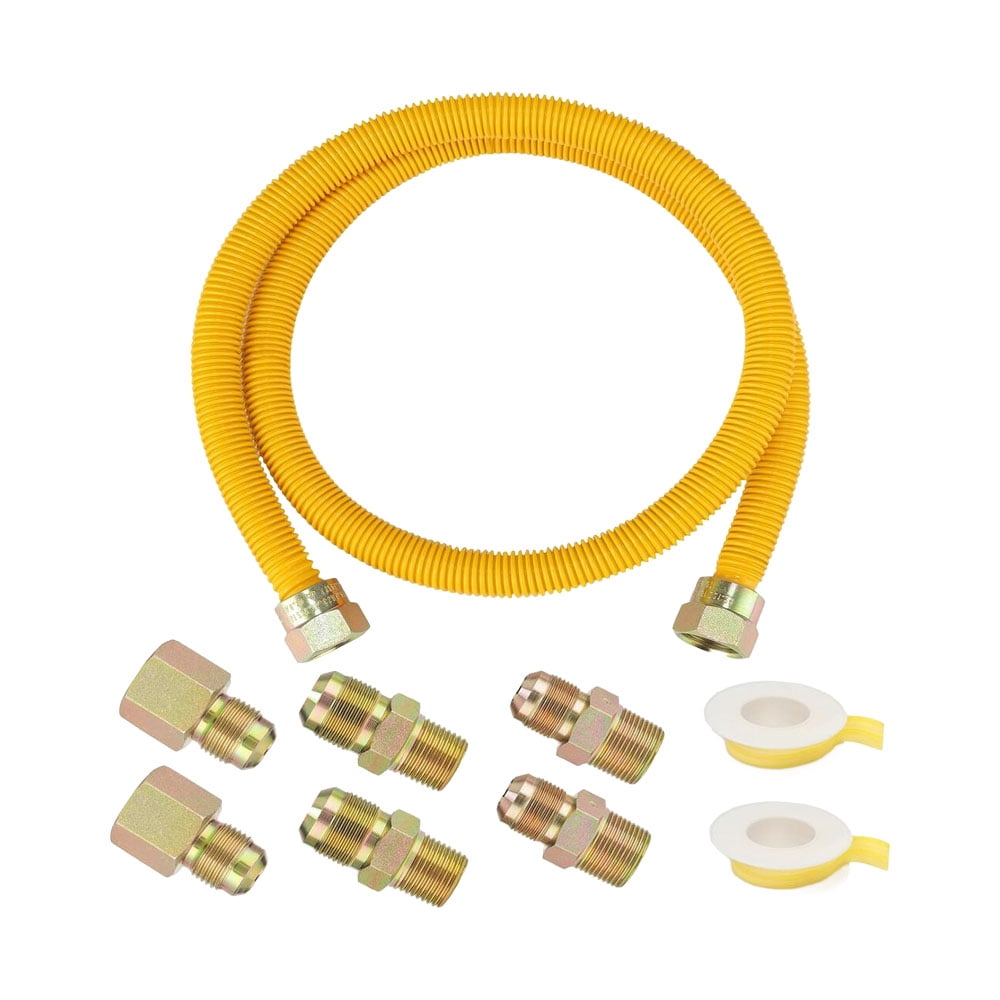 72" Flexible Yellow-Coated Corrugated Stainless Steel Gas Connector Kit for Dryer and Stove Range, 5/8" OD x 1/2" ID, Comes with 6 Pieces Connectors Including 3/4" MIP & 1/2" Fitting