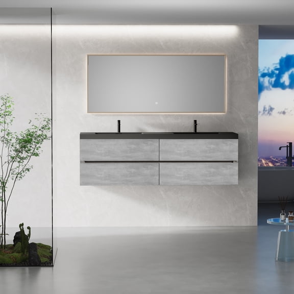 72" Floating Vanity with Two Black Quartz Basins | Fully assembled wall-mounted cement grey storage with 4 soft-close drawers for double sink setups