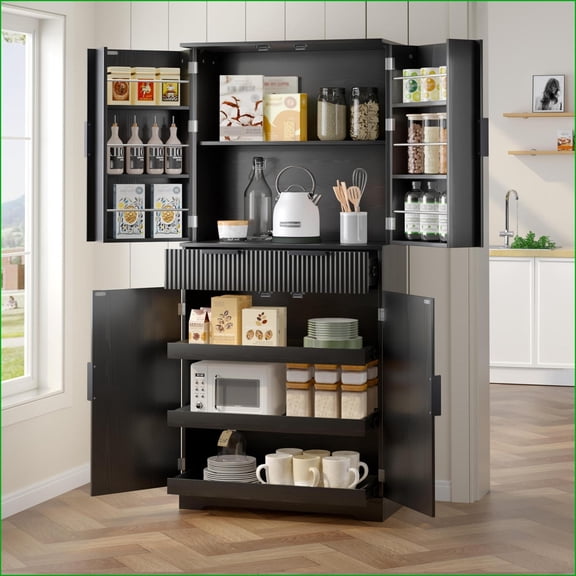 72 Fluted Black MDF Kitchen Pantry Cabinet with 3 Keyboard Drawers & 6 Door Shelves | Adjustable Shelving | Anti-Tilt Design