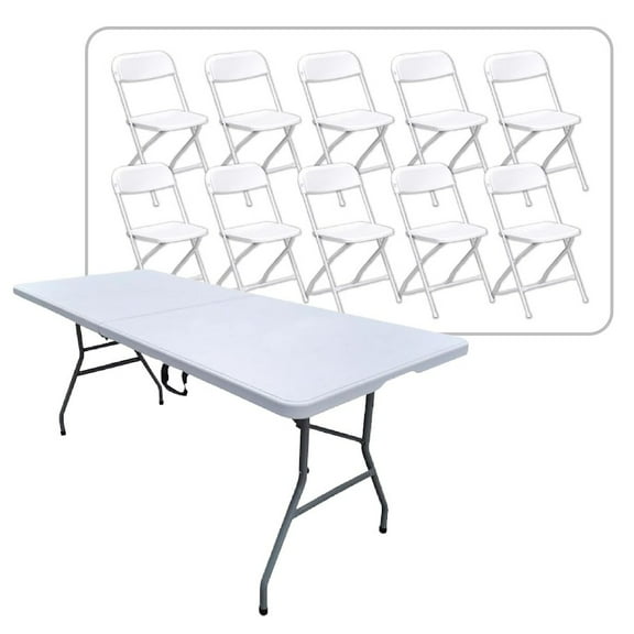 72" Fold-in-Half Banquet Table with 10 White Folding Chairs