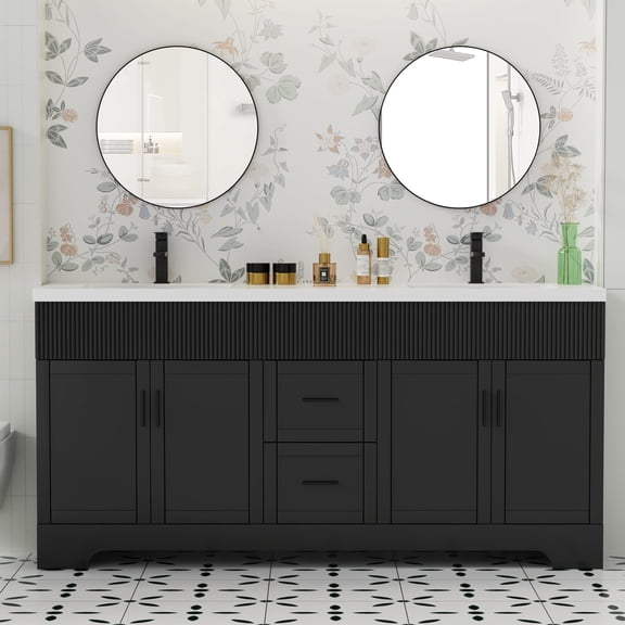 72" Freestanding Double Sink Bathroom Vanity Set With Resin Top, Hand-Painted, EPA Certificate