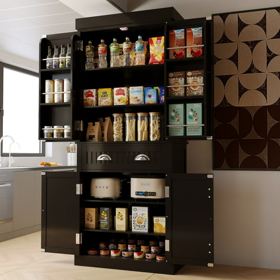 JassmiPkwy Freestanding Kitchen Pantry Storage Cabinet with Doors and Adjustable Shelves, Large Drawer, 72 in