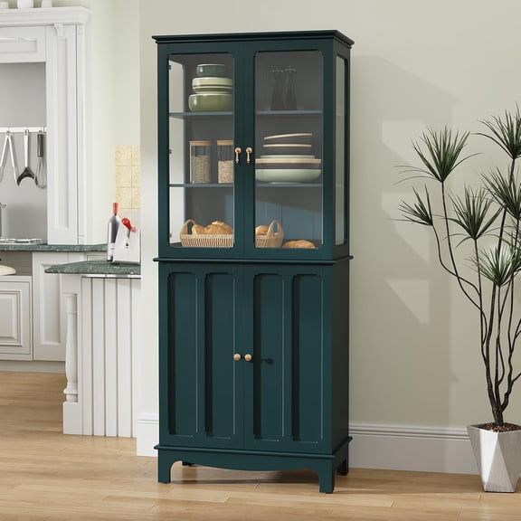 72" Freestanding Kitchen Pantry Storage Sideboard, Classical Tall Cabinet with Glass Door and Adjustable Shelves for Kitchen, Livingroom and Dining Room, Dark Teal