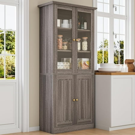 SELOOYE Modern Pantry Cabinet, 71-inch Tall Glass Display with Wood Doors, Adjustable Shelves, Grey