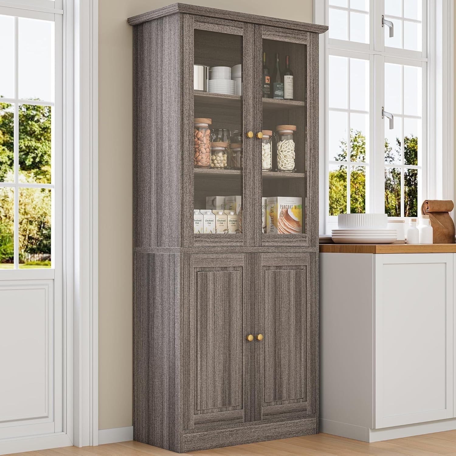 Walsunny 47 Kitchen Pantry Storage Cabinet with Adjustable Shelves Racks and Doors Freestanding Kitchen Hutch Cupboard White