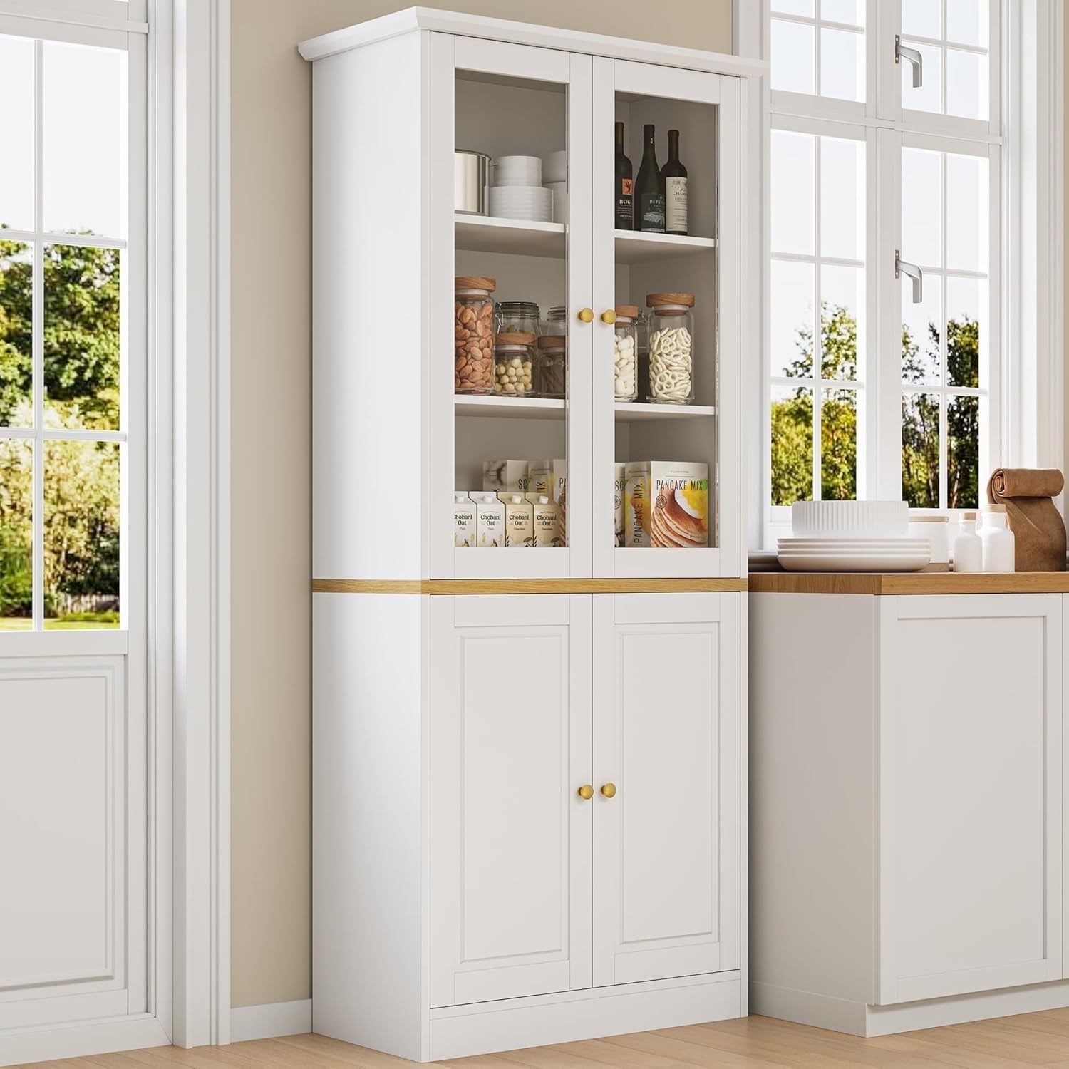 SELOOYE Kitchen Pantry Cabinet, 71" Modern Glass Display Cabinet with Wood Doors, Tall Storage Cabinet with Adjustable Shelves, Freestanding Cupboard for Living Room, Dining Room, Kitchen, White