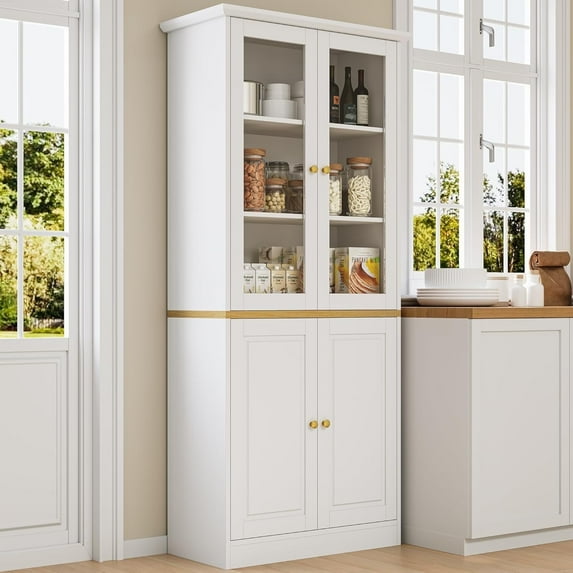SELOOYE Kitchen Pantry Cabinet, 71" Modern Glass Display Cabinet with Wood Doors, Tall Storage Cabinet with Adjustable Shelves, Freestanding Cupboard for Living Room, Dining Room, Kitchen, White