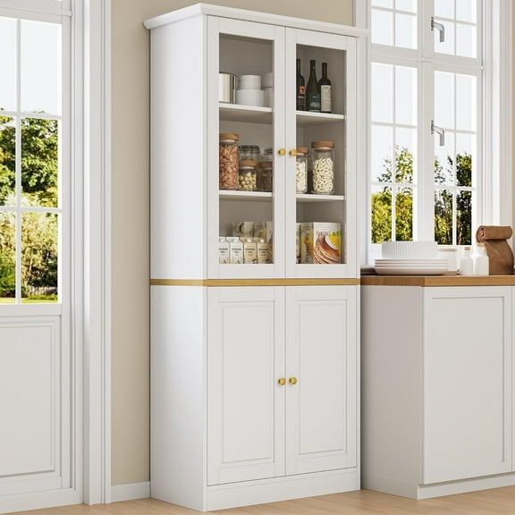 SELOOYE Kitchen Pantry Cabinet, 71" Modern Glass Display Cabinet with Wood Doors, Tall Storage Cabinet with Adjustable Shelves, Freestanding Cupboard for Living Room, Dining Room, Kitchen, White