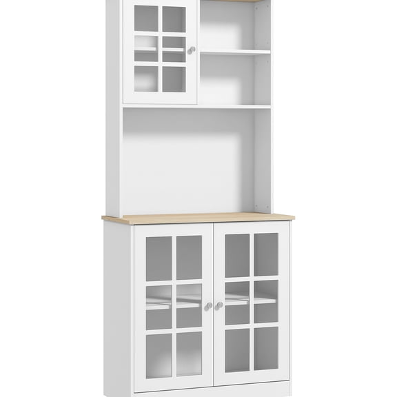 72" Freestanding Pantry Cabinet, White, With , Large Countertop, Adjustable Shelves, Glass Doors For Tea Room Kitchen Cabinet Shelves Dining Captivatingness