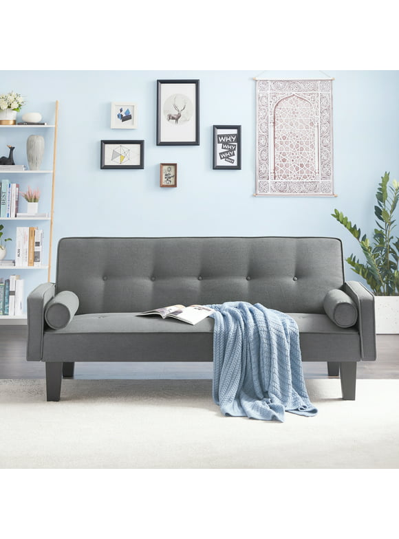 72" Futon Sofa Bed,Upholstered Folding Futon Fabric Couch,Recliner Twin Size Futon Bed Removable Armrests,Modern Sofa for Compact Living Space,Apartment,Gray