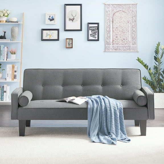 72" Futon Sofa Bed,Upholstered Folding Futon Fabric Couch,Recliner Twin Size Futon Bed Removable Armrests,Modern Sofa for Compact Living Space,Apartment,Gray
