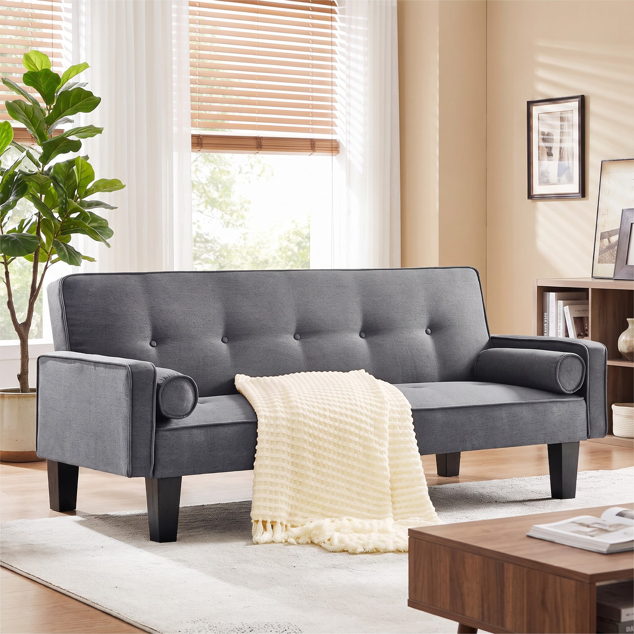72" Futon Sofa Bed,Upholstered Folding Futon Sofa Couch,Modern Sofa Twin Size Futon Bed with Removable Armrests for Compact Living Space,Apartment,Gray