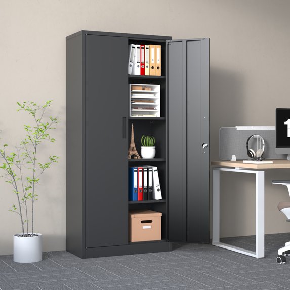 72" Garage Storage Cabinet, Metal Storage Cabinet with Locking Doors, Lockable Tool File Cabinet for Home Office Hallway Entryway Garage Utility Room, Black