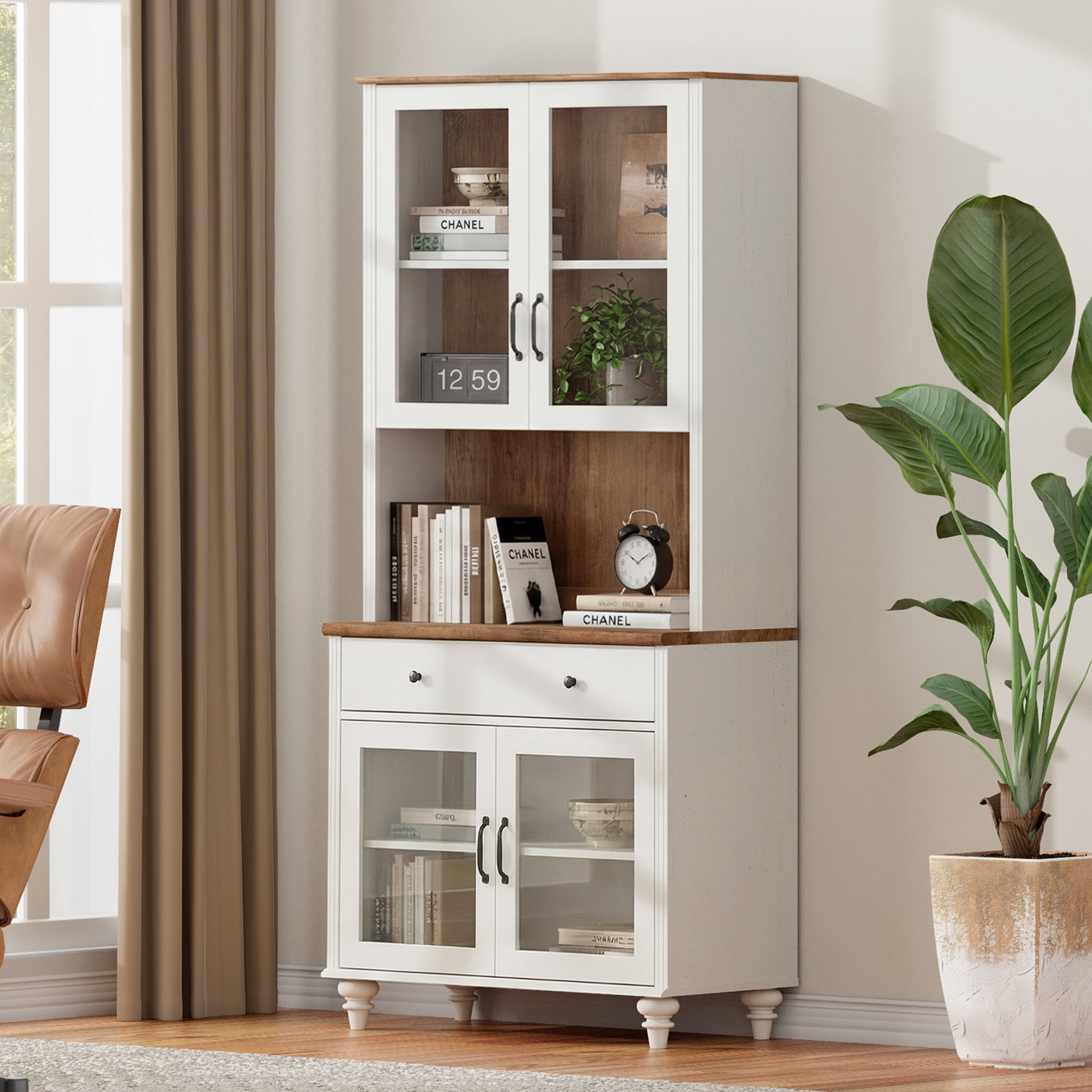 72"H ×33.9"W 5-Tier Farmhouse Display Bookcase with Glass Doors, Storage Cabinet & Wood Drawer, Wooden Bookshelf for Living Room, Office, Kitchen, White