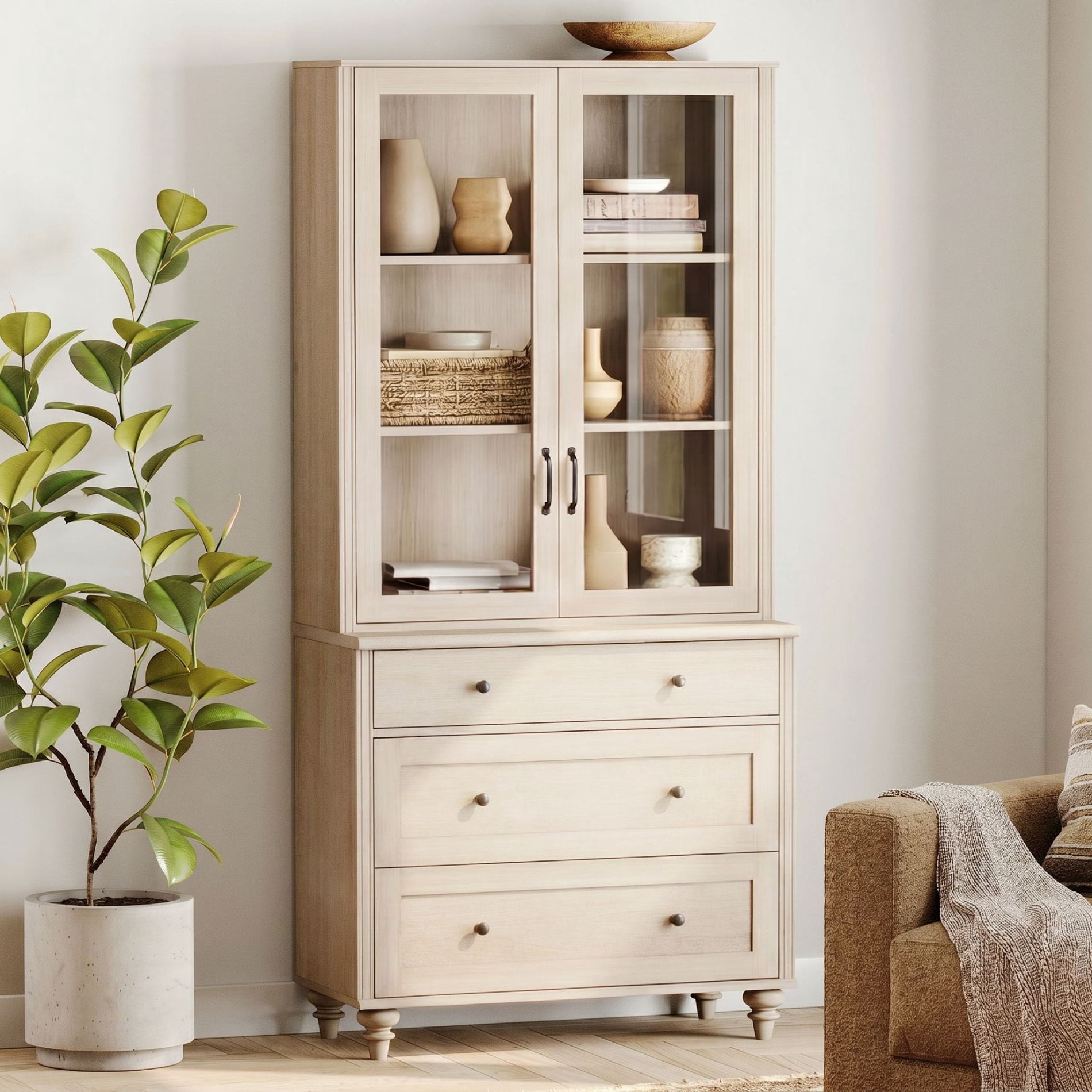 72"H × 34"W 5-Tier Farmhouse Wooden Library Bookcase with Glass Doors & 3 Drawers, Freestanding Storage Bookshelf for Living Room, Office & Kitchen, Beige