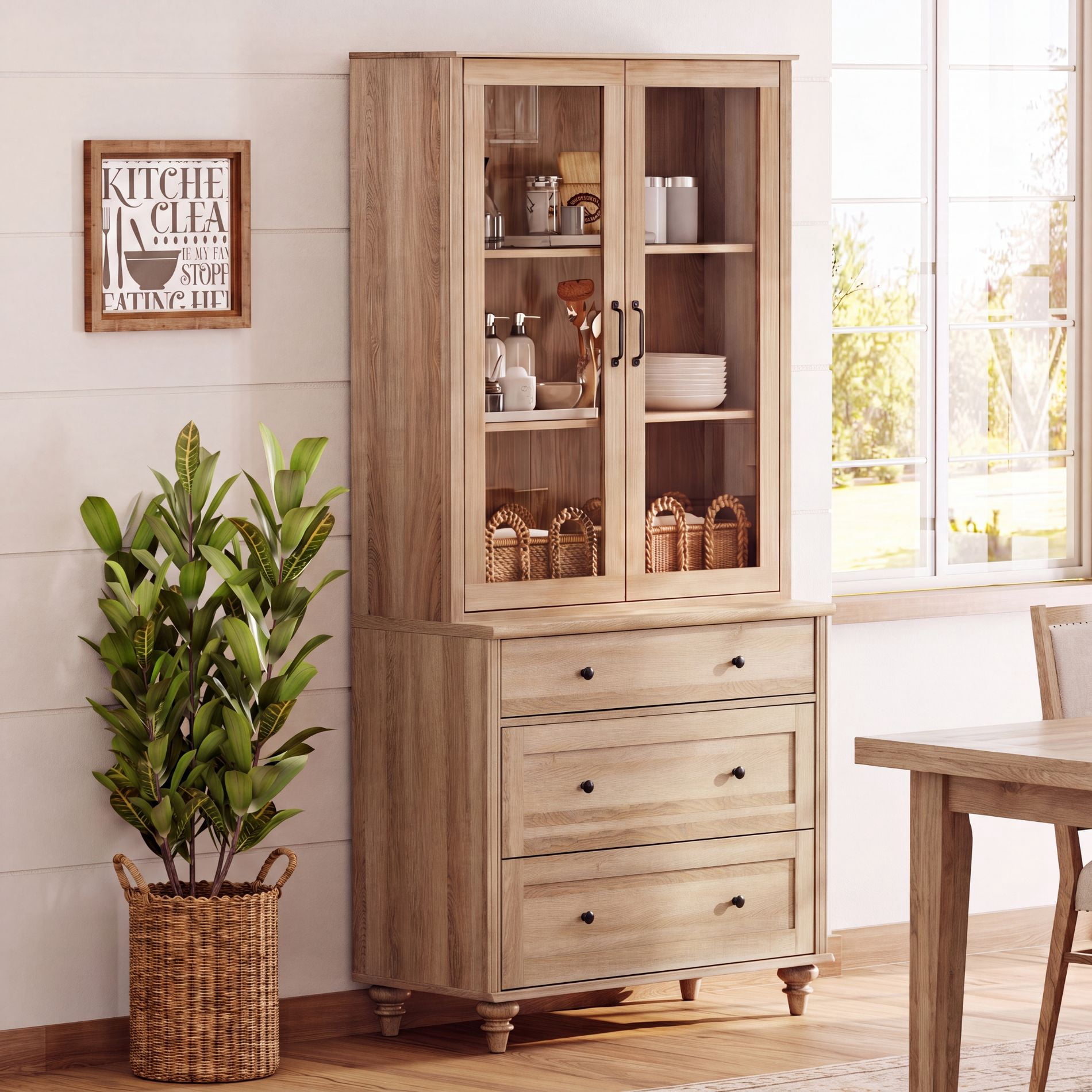 72"H × 34"W 5-Tier Farmhouse Wooden Library Bookcase with Glass Doors & 3 Drawers, Freestanding Storage Bookshelf for Living Room, Office & Kitchen, Oak