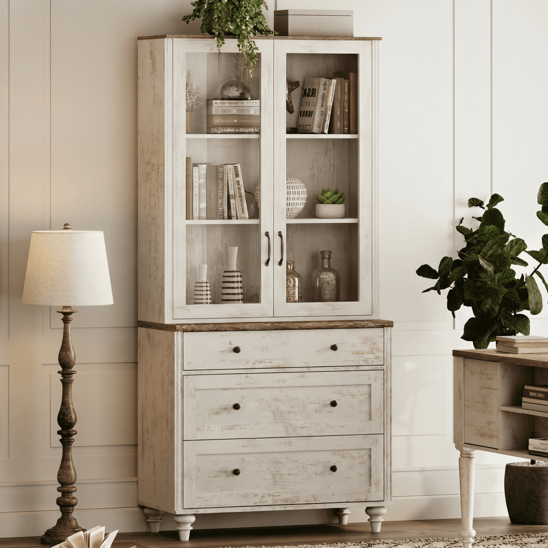 72"H × 34"W 5-Tier Farmhouse Wooden Library Bookcase with Glass Doors & 3 Drawers, Freestanding Storage Bookshelf for Living Room, Office & Kitchen, Rustic white