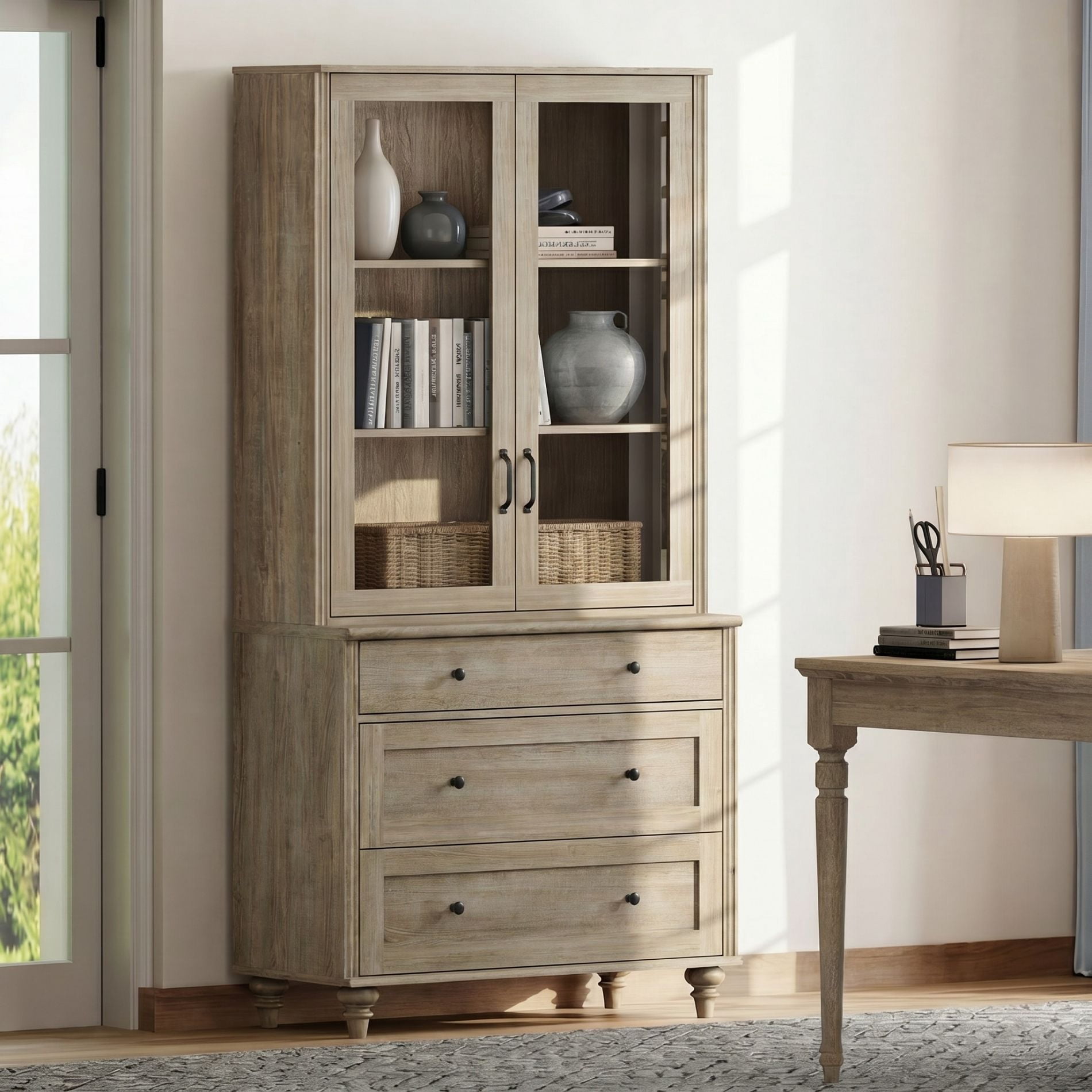 72"H × 34"W 5-Tier Farmhouse Wooden Library Bookcase with Glass Doors & 3 Drawers, Freestanding Storage Bookshelf for Living Room, Office & Kitchen, Wash Gray