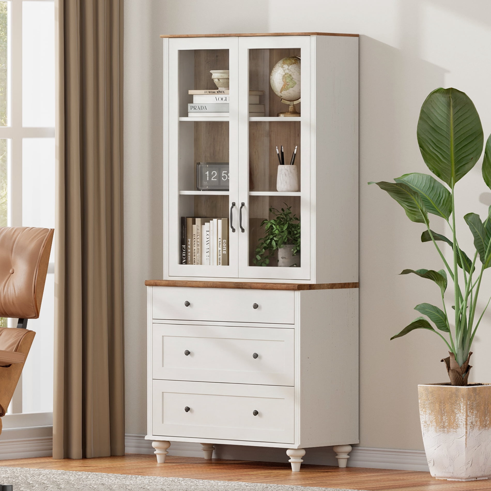 72"H × 34"W 5-Tier Farmhouse Wooden Library Bookcase with Glass Doors & 3 Drawers, Freestanding Storage Bookshelf for Living Room, Office & Kitchen, White