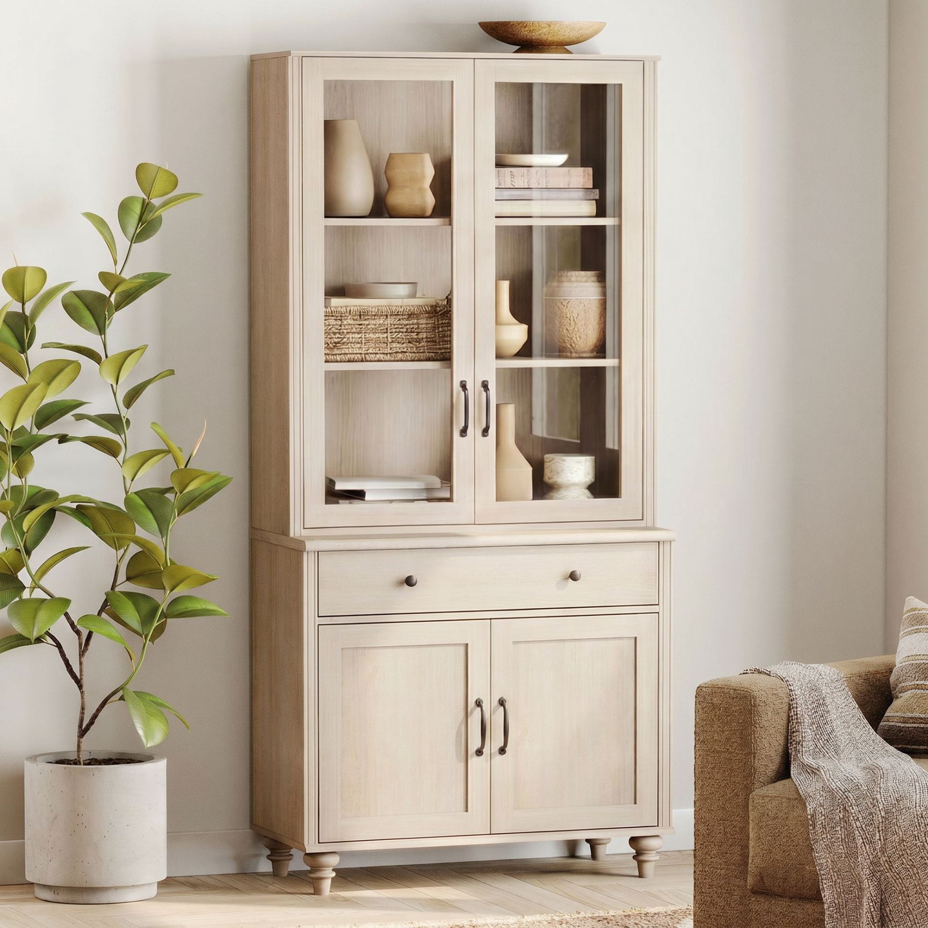 72"H × 34"W 5-Tier Farmhouse Wooden Library Bookcase with Glass Doors & Spacious Storage Cabinet, Freestanding Bookshelf for Living Room, Office & Kitchen, Beige