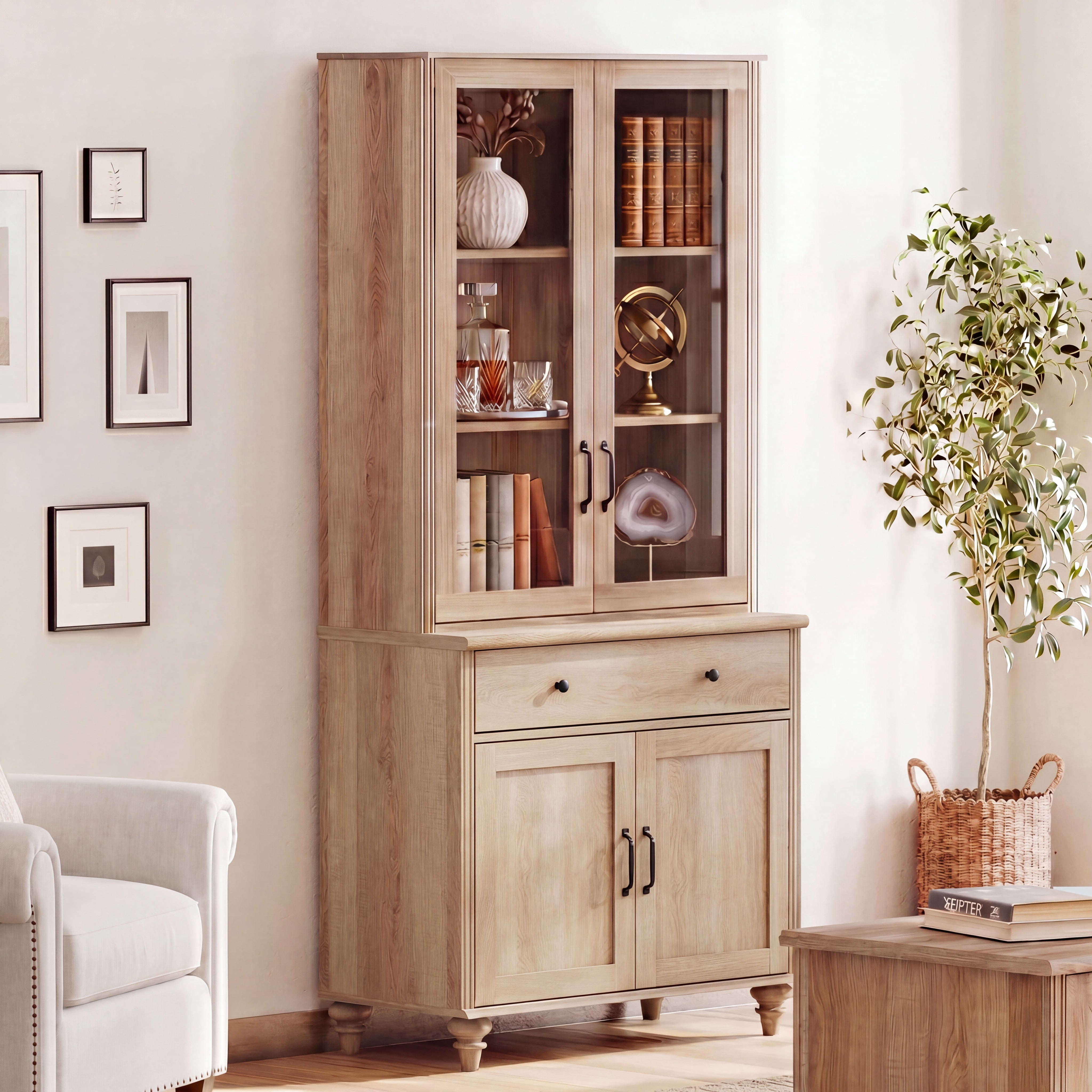 72"H × 34"W 5-Tier Farmhouse Wooden Library Bookcase with Glass Doors & Spacious Storage Cabinet, Freestanding Bookshelf for Living Room, Office & Kitchen, Oak