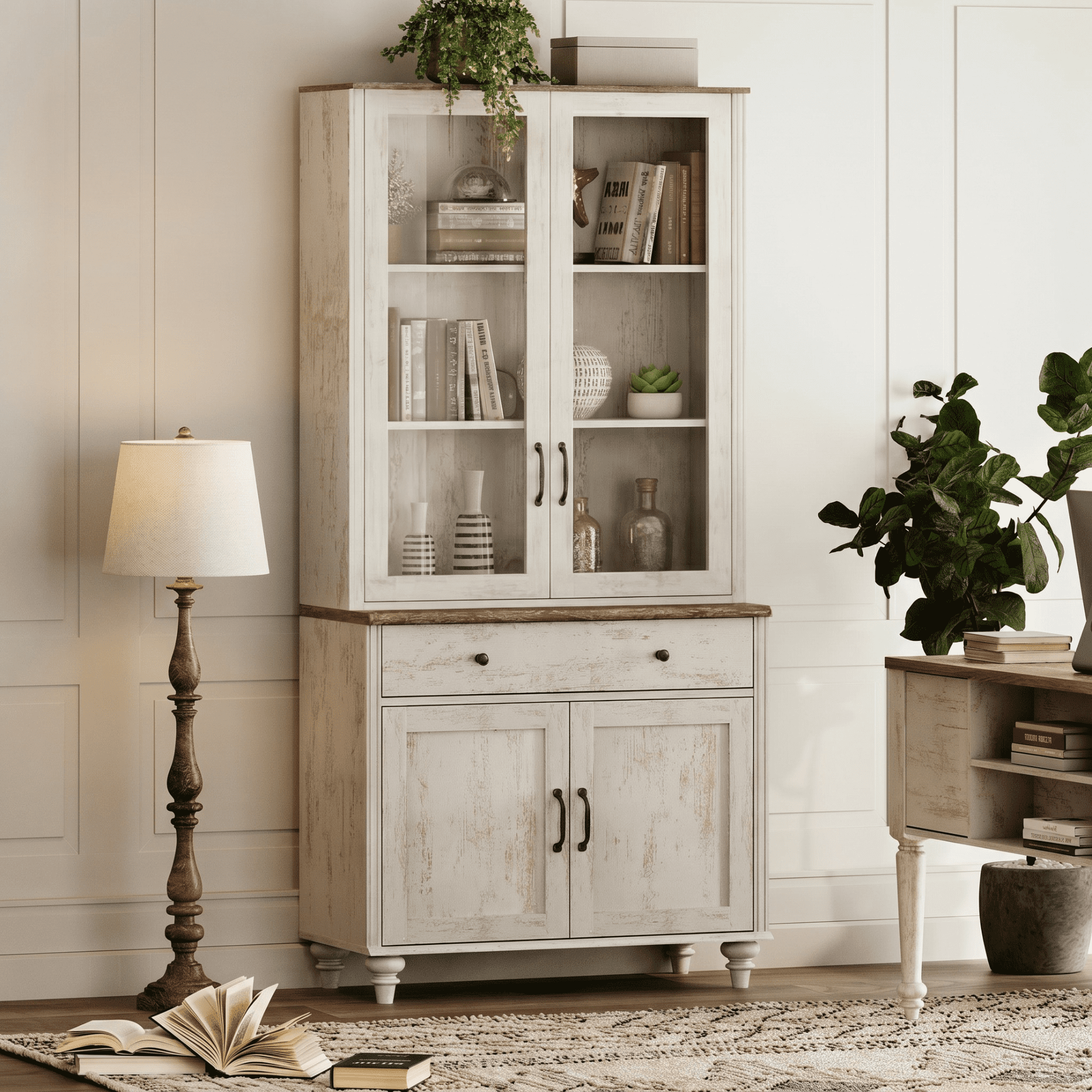 72"H × 34"W 5-Tier Farmhouse Wooden Library Bookcase with Glass Doors & Spacious Storage Cabinet, Freestanding Bookshelf for Living Room, Office & Kitchen, Rustic white