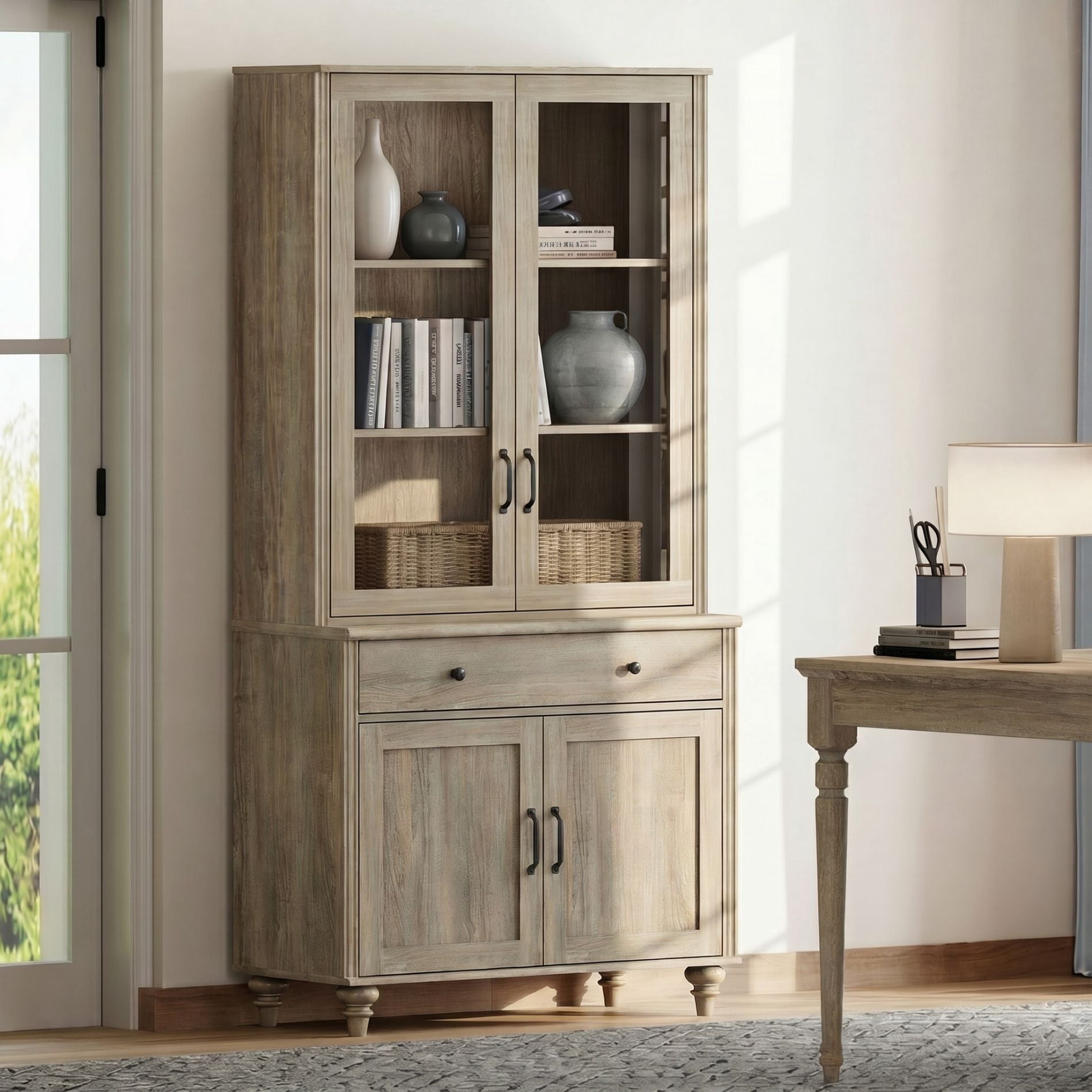 72"H × 34"W 5-Tier Farmhouse Wooden Library Bookcase with Glass Doors & Spacious Storage Cabinet, Freestanding Bookshelf for Living Room, Office & Kitchen, Wash Gray